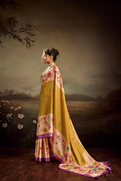 Beige Jacquard Elegant Party Wear Saree Collection With Blouse - Back View | Samyak Fashion