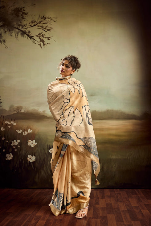 Beige Jacquard Elegant Party Wear Saree Collection With Blouse - Back View | Samyak Fashion