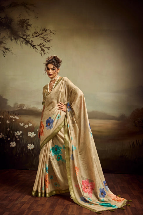 Beige Jacquard Elegant Party Wear Saree Collection With Blouse - Back View | Samyak Fashion