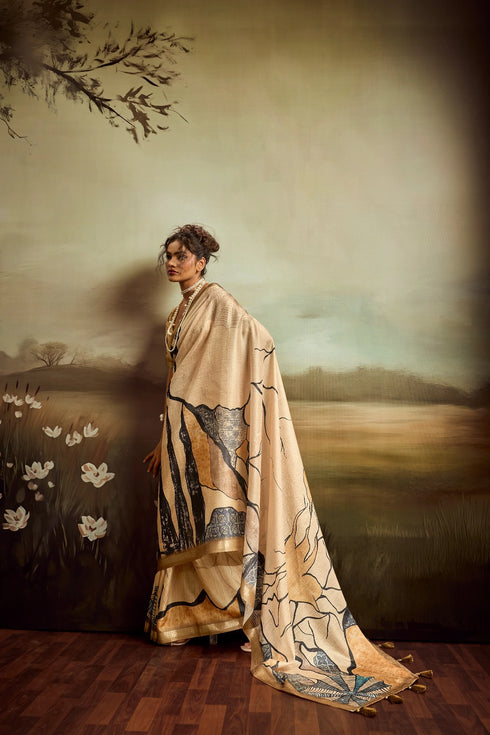 Beige Jacquard Elegant Party Wear Saree Collection With Blouse - Side View | Samyak Fashion