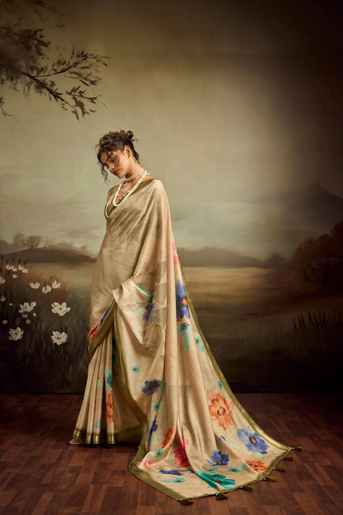 Beige Jacquard Elegant Party Wear Saree Collection With Blouse - Side View | Samyak Fashion