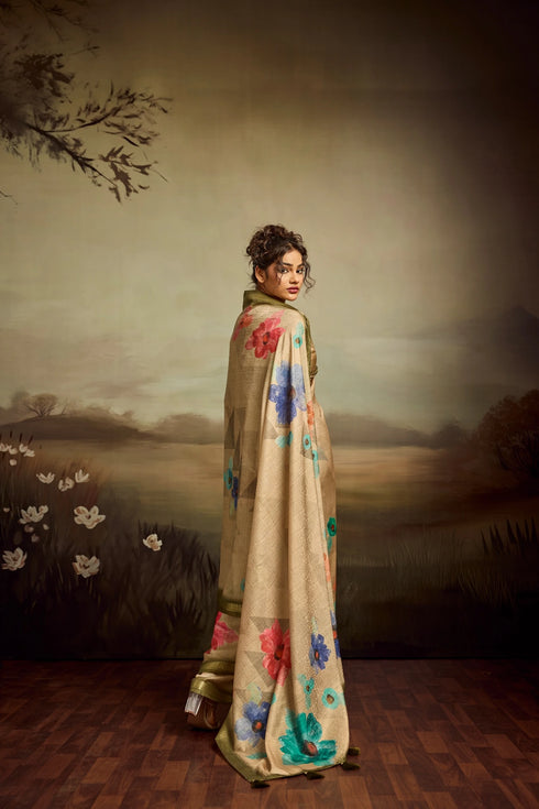 Beige Jacquard Elegant Party Wear Saree Collection With Blouse - Detail View | Samyak Fashion