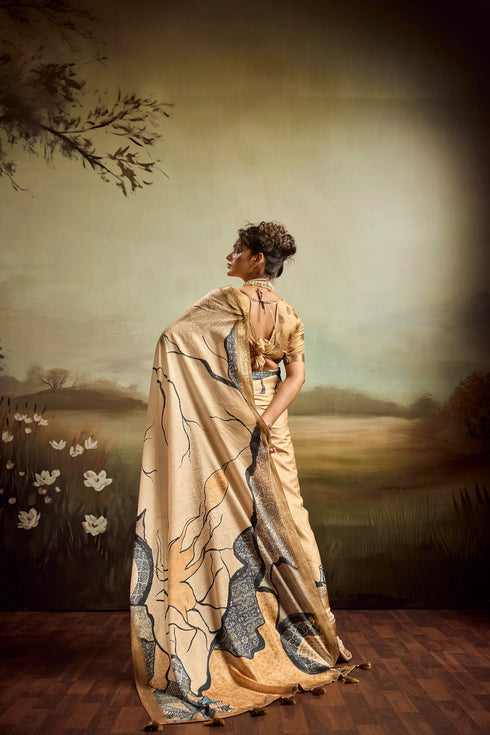 Beige Jacquard Elegant Party Wear Saree Collection With Blouse - Detail View | Samyak Fashion