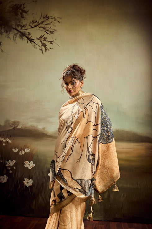 Beige Jacquard Elegant Party Wear Saree Collection With Blouse - Close-up View | Samyak Fashion
