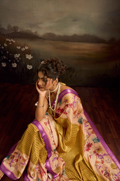 Beige Jacquard Elegant Party Wear Saree Collection With Blouse - Close-up View | Samyak Fashion
