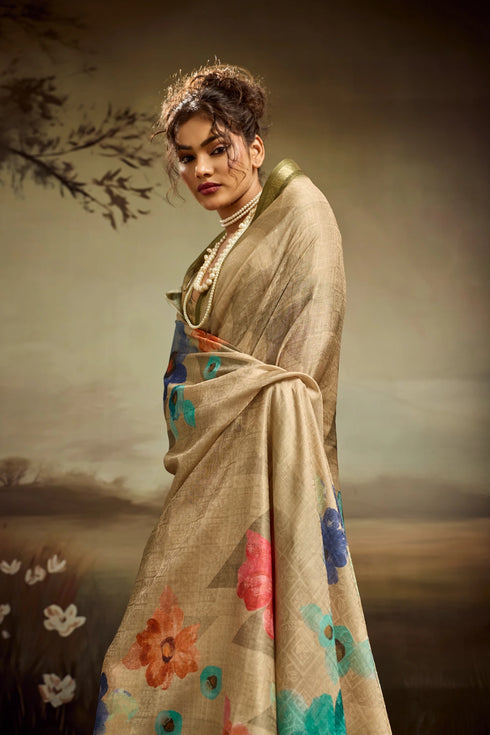 Beige Jacquard Elegant Party Wear Saree Collection With Blouse - Close-up View | Samyak Fashion