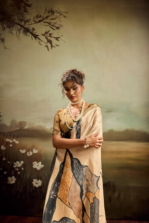 Beige Jacquard Elegant Party Wear Saree Collection With Blouse - Full View | Samyak Fashion