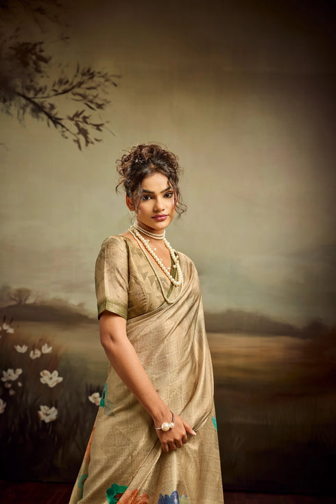 Beige Jacquard Elegant Party Wear Saree Collection With Blouse - Full View | Samyak Fashion