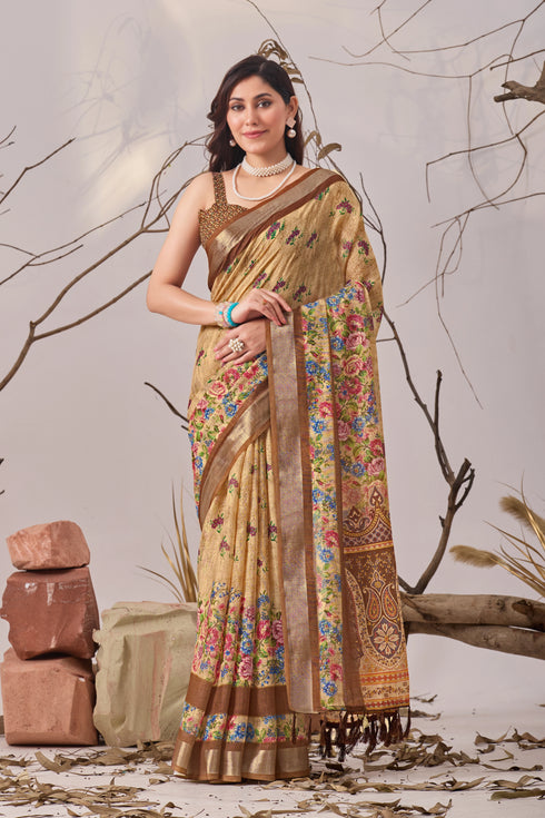 Beige Linen Cotton Party Wear Saree With Blouse - Front View | Samyak Fashion