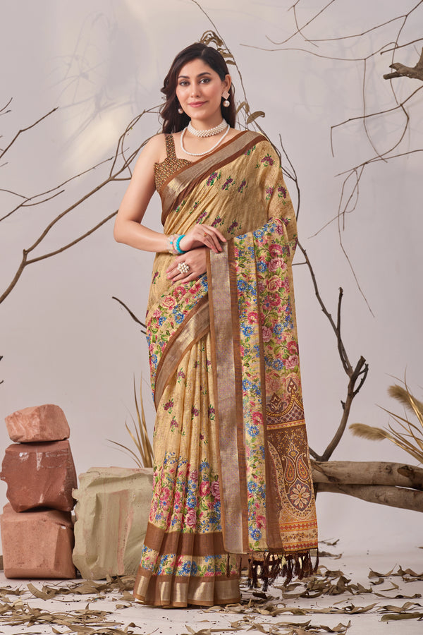 Beige Linen Cotton Party Wear Saree With Blouse - Front View | Samyak Fashion