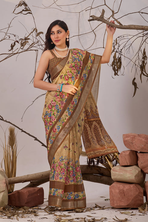 Beige Linen Cotton Party Wear Saree With Blouse - Back View | Samyak Fashion