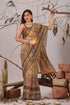 Beige Linen Cotton Party Wear Saree With Blouse - Back View | Samyak Fashion