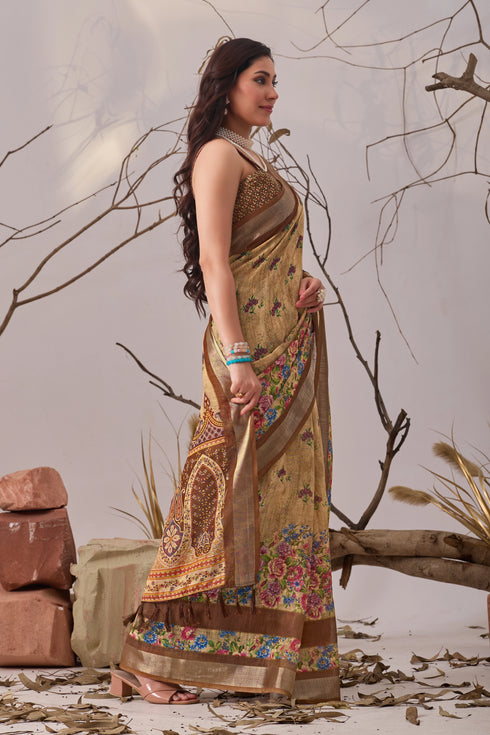 Beige Linen Cotton Party Wear Saree With Blouse - Side View | Samyak Fashion