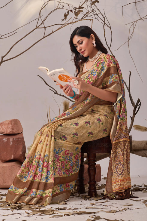 Beige Linen Cotton Party Wear Saree With Blouse - Detail View | Samyak Fashion