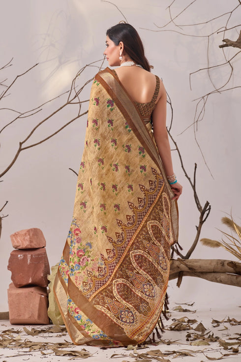 Beige Linen Cotton Party Wear Saree With Blouse - Close-up View | Samyak Fashion