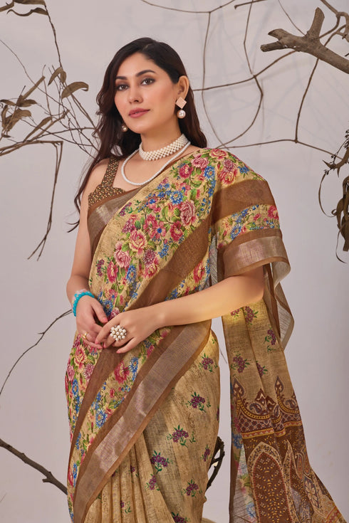 Beige Linen Cotton Party Wear Saree With Blouse - Full View | Samyak Fashion