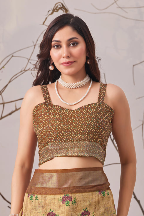 Beige Linen Cotton Party Wear Saree With Blouse - Styled View | Samyak Fashion