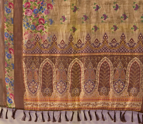 Beige Linen Cotton Party Wear Saree With Blouse - Front View | Samyak Fashion