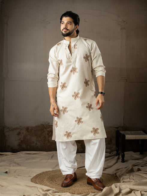 Beige Linen Mens Kurta With Payjama - Front View | Samyak Fashion