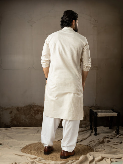 Beige Linen Mens Kurta With Payjama - Back View | Samyak Fashion