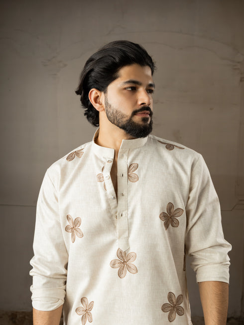 Beige Linen Mens Kurta With Payjama - Side View | Samyak Fashion