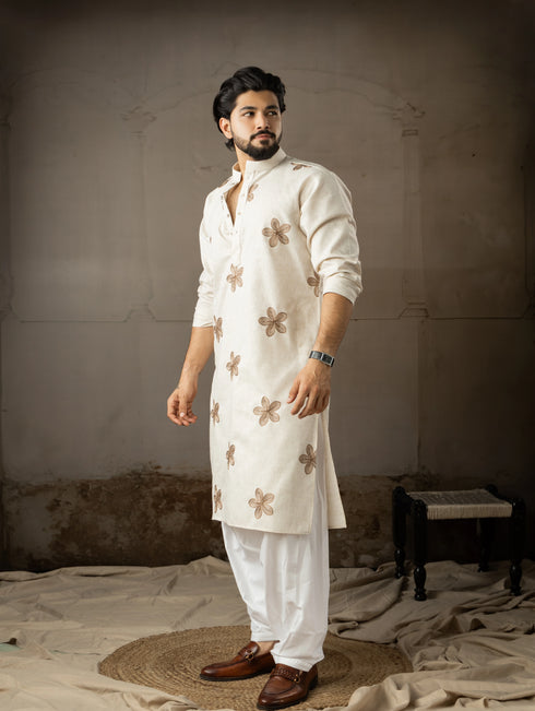 Beige Linen Mens Kurta With Payjama - Detail View | Samyak Fashion