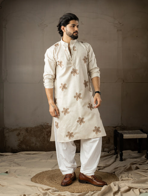 Beige Linen Mens Kurta With Payjama - Close-up View | Samyak Fashion