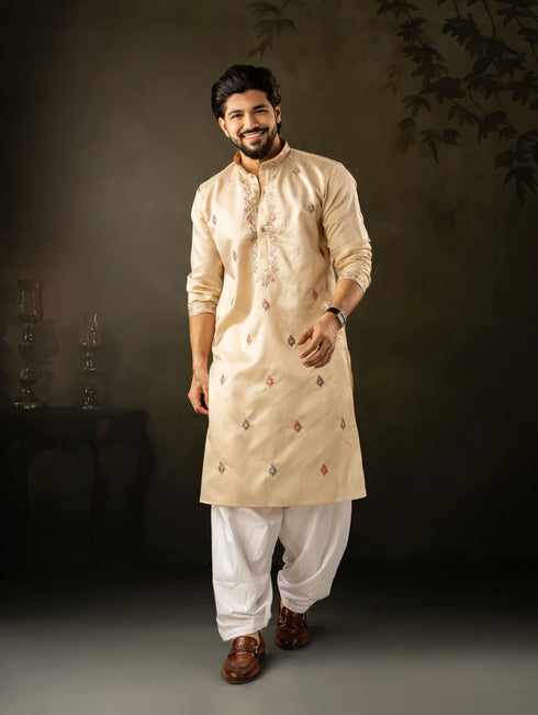 Beige Linen Mens Kurta With Payjama - Front View | Samyak Fashion