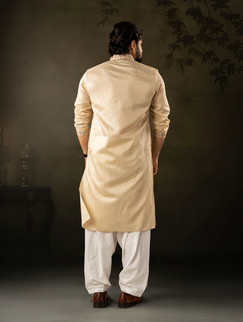 Beige Linen Mens Kurta With Payjama - Back View | Samyak Fashion