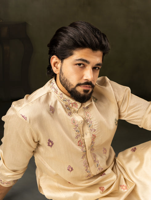 Beige Linen Mens Kurta With Payjama - Side View | Samyak Fashion