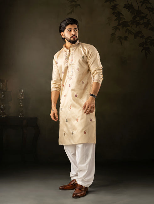 Beige Linen Mens Kurta With Payjama - Detail View | Samyak Fashion