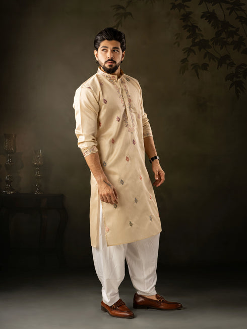 Beige Linen Mens Kurta With Payjama - Close-up View | Samyak Fashion