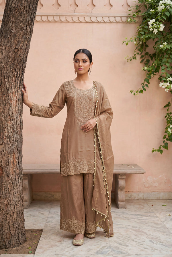 Beige Simmer Tissue Salwar Suits - Front View | Samyak Fashion