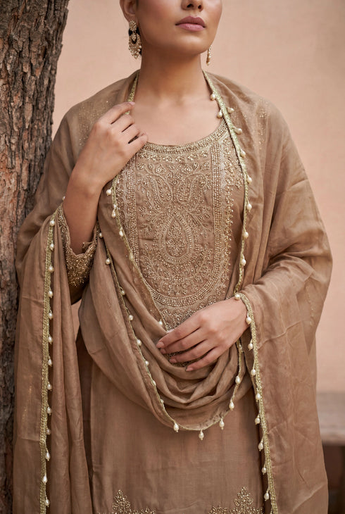 Beige Simmer Tissue Salwar Suits - Side View | Samyak Fashion