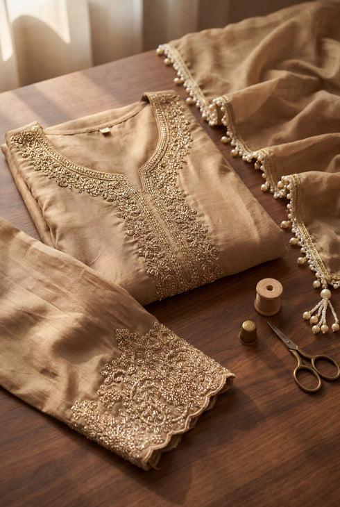 Beige Simmer Tissue Salwar Suits - Detail View | Samyak Fashion