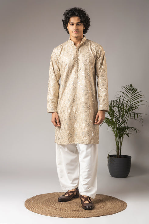 Beige Viscose Mens Kurta With Payjama - Front View | Samyak Fashion