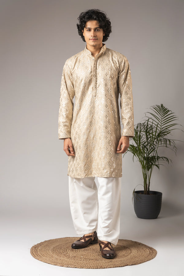 Beige Viscose Mens Kurta With Payjama - Front View | Samyak Fashion