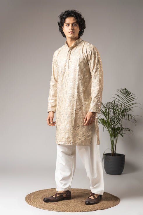 Beige Viscose Mens Kurta With Payjama - Back View | Samyak Fashion