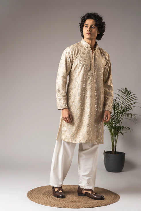 Beige Viscose Mens Kurta With Payjama - Detail View | Samyak Fashion
