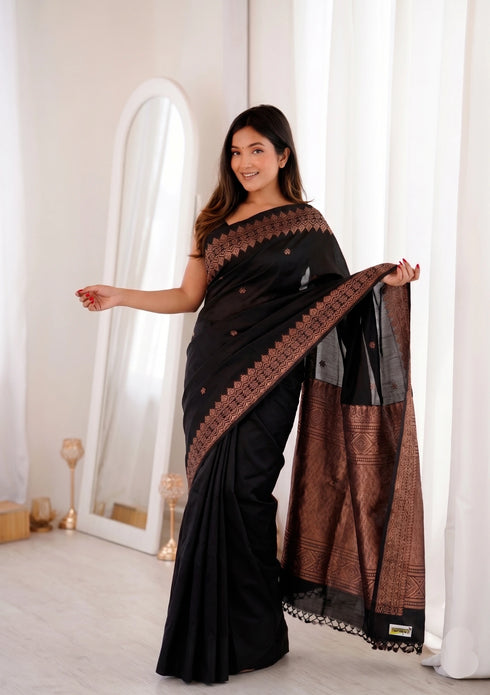 Black Banarasi Soft Silk Party Wear Saree With Blouse - Front View | Samyak Fashion