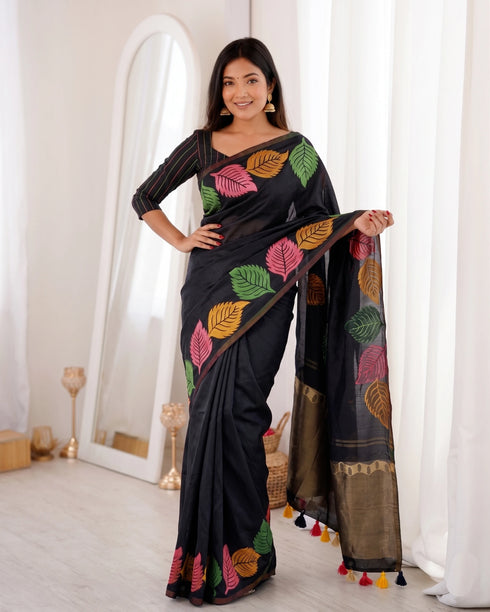 Black Banarasi Soft Silk Party Wear Saree With Blouse - Front View | Samyak Fashion
