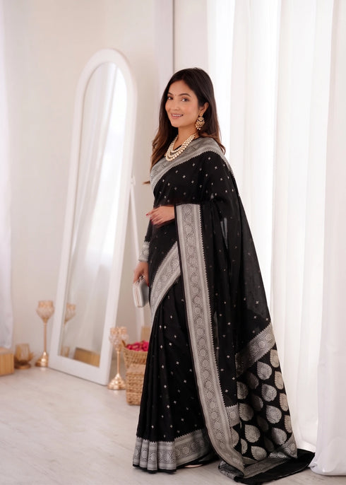 Black Banarasi Soft Silk Party Wear Saree With Blouse - Back View | Samyak Fashion