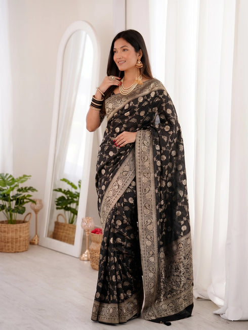 Black Banarasi Soft Silk Party Wear Saree With Blouse - Back View | Samyak Fashion