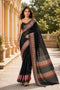 Black Chanderi Linen Saree With Blouse - Front View | Samyak Fashion