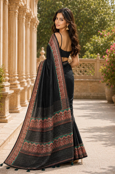 Black Chanderi Linen Saree With Blouse - Back View | Samyak Fashion