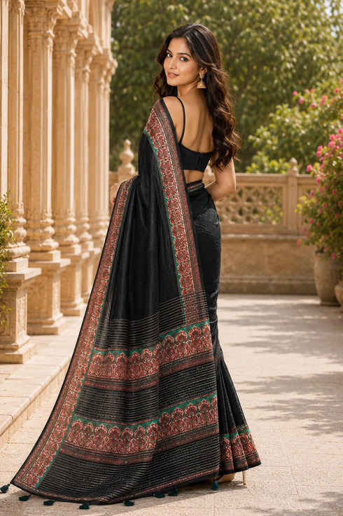Black Chanderi Linen Saree With Blouse - Back View | Samyak Fashion