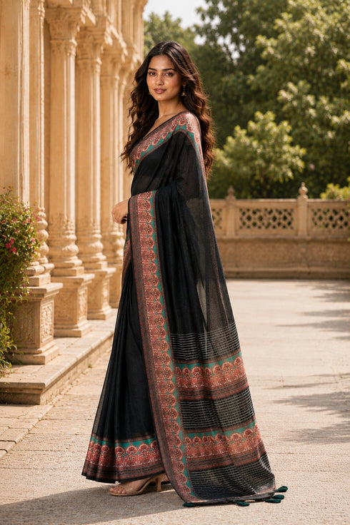 Black Chanderi Linen Saree With Blouse - Detail View | Samyak Fashion