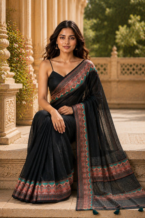 Black Chanderi Linen Saree With Blouse - Close-up View | Samyak Fashion