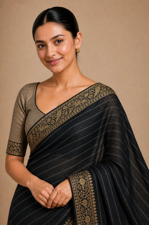 Black Chiffon Saree With Blouse - Side View | Samyak Fashion