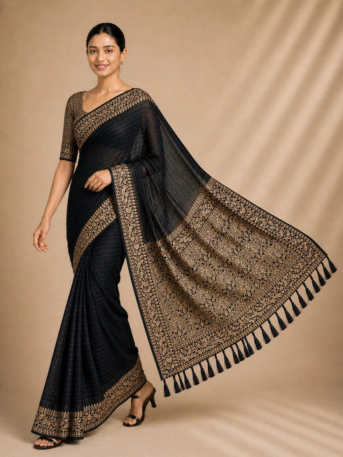 Black Chiffon Saree With Blouse - Detail View | Samyak Fashion